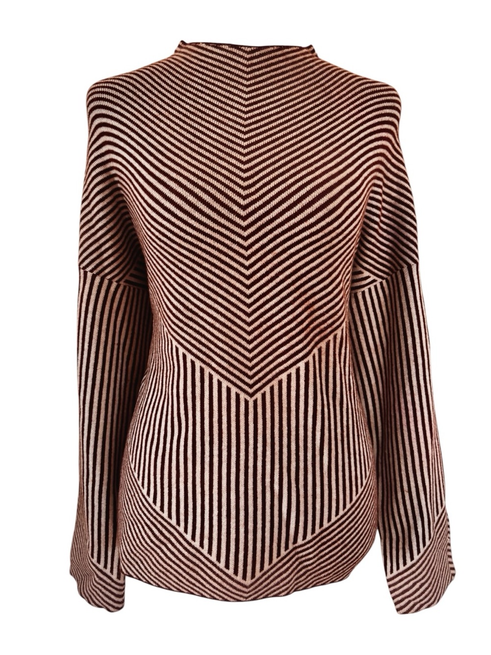 Cynthia Rowley Cream and Brown Geometric Striped Mock Neck Sweater L